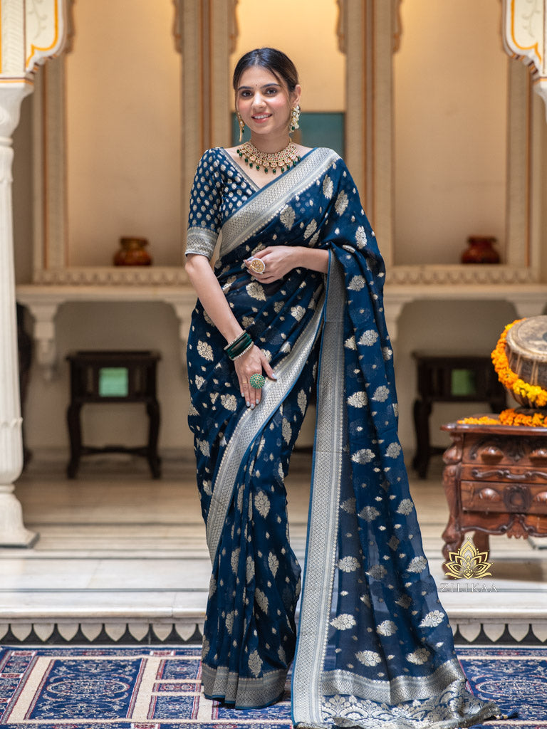 Royal Blue Khaddi Semi Georgette Banarasi Saree