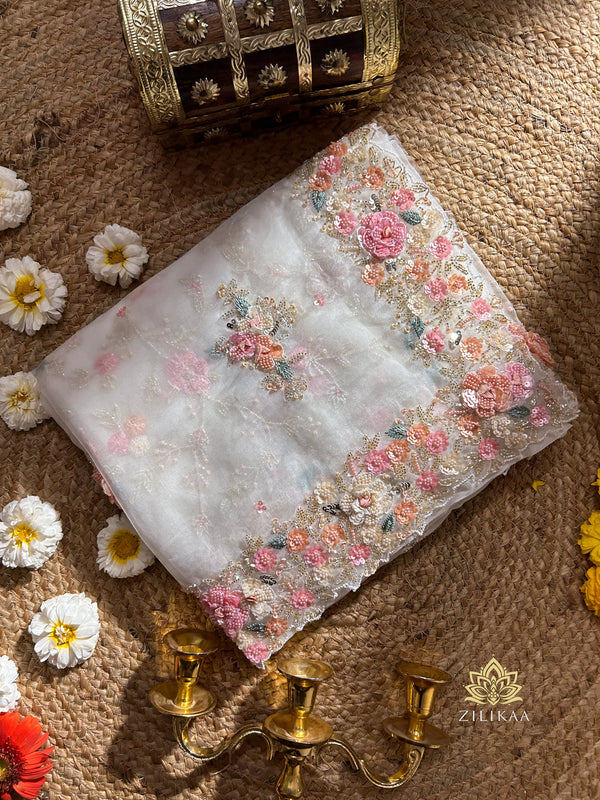 Pearl White Hand embroidery Organza Silk Saree