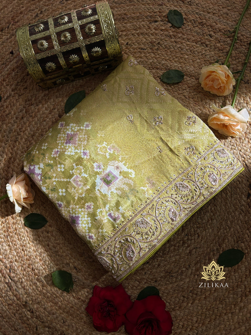 Olive Green Zardozi Patola print Designer Munga silk saree