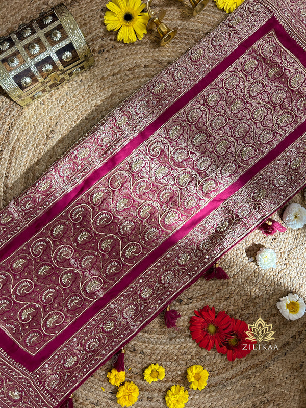 Magenta Pink Zardozi Pearl Handwork Mulberry Banarasi Silk Saree