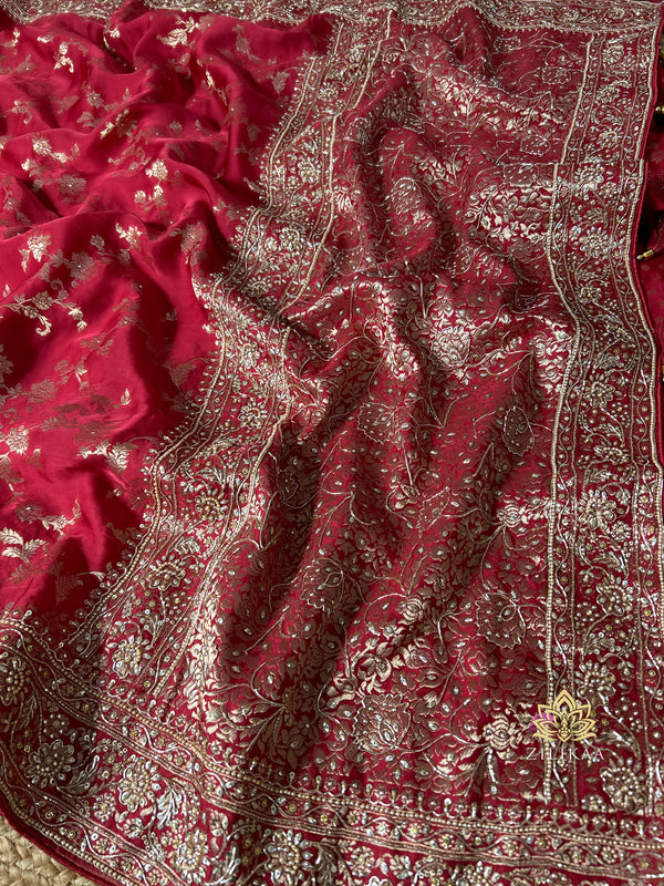 Calcutta Red Zardozi Handwork Mulberry Banarasi Silk Saree