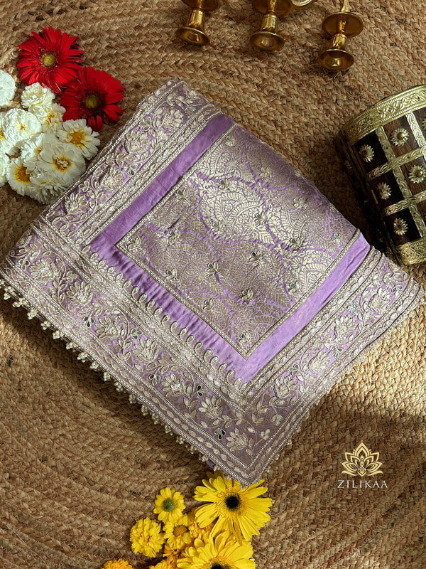 Lilac Purple Zardozi Handwork Mulberry Banarasi Silk Saree