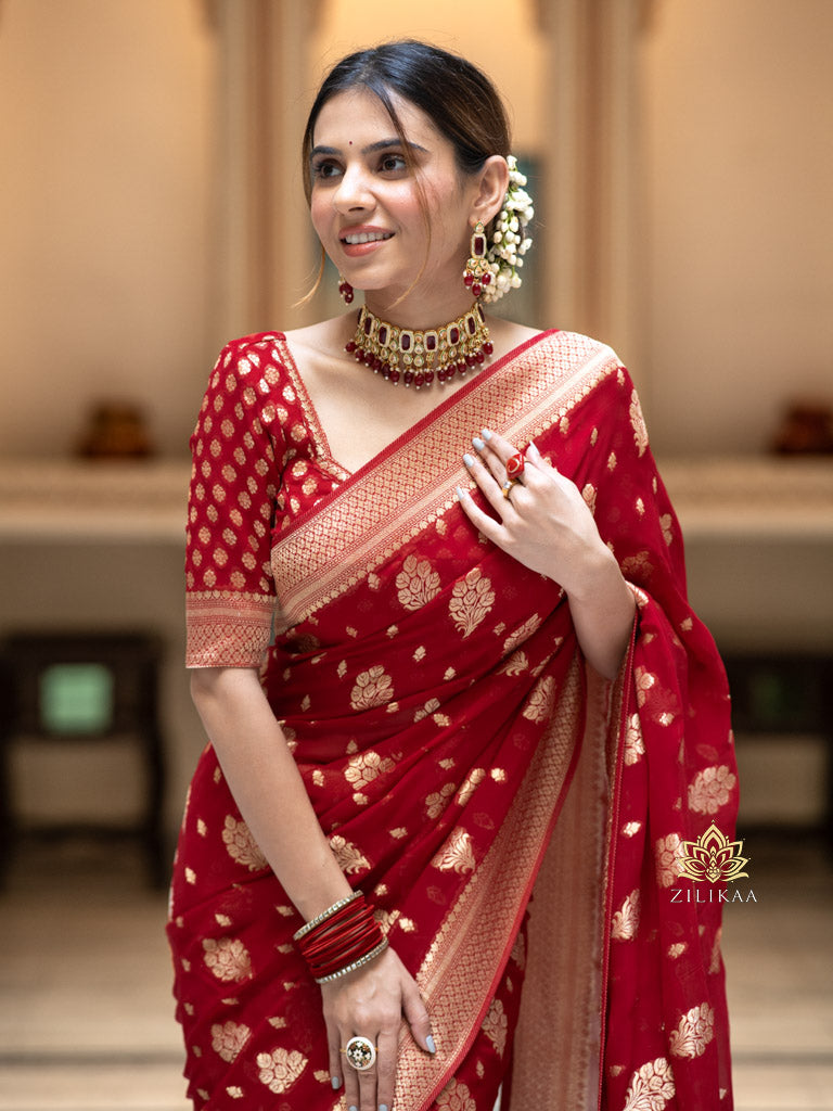 Scarlet Red Banarasi Khaddi Weaved Georgette Saree – Zilikaa