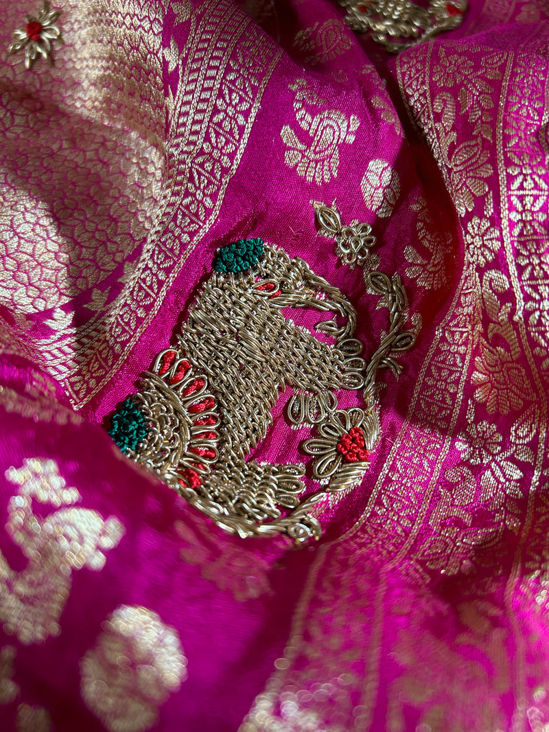 Mustard Rani Zardozi Handwork Banarasi Silk Saree