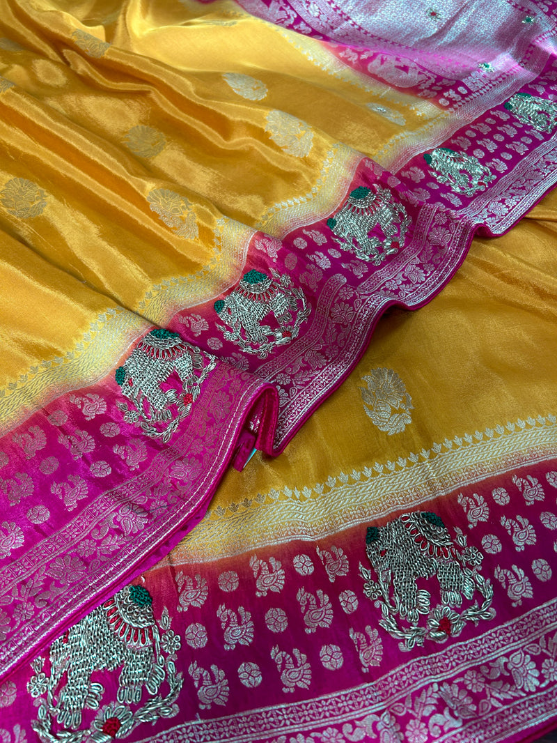Mustard Rani Zardozi Handwork Banarasi Silk Saree