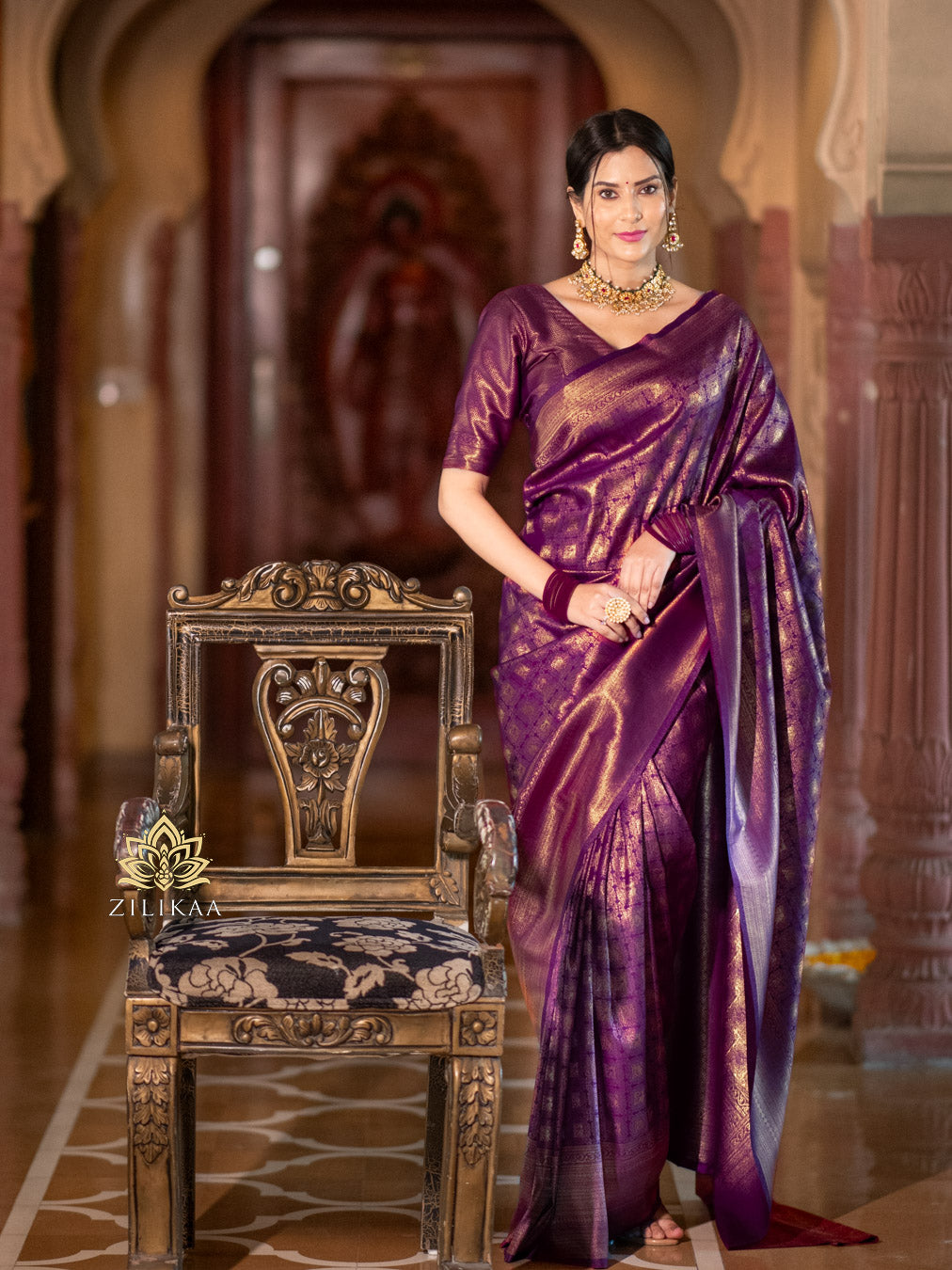 Eggplant Purple Kanjeevaram Silk Saree – Zilikaa