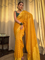 Mustard Yellow Banarasi Khaddi Weaved Georgette Saree