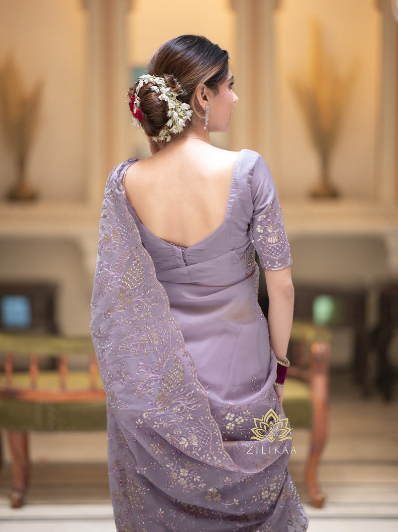 Lavender purple Gota Embroidery French Silk Saree