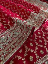 Calcutta Red Zardozi Pearl Handwork Mulberry Satin Silk Saree