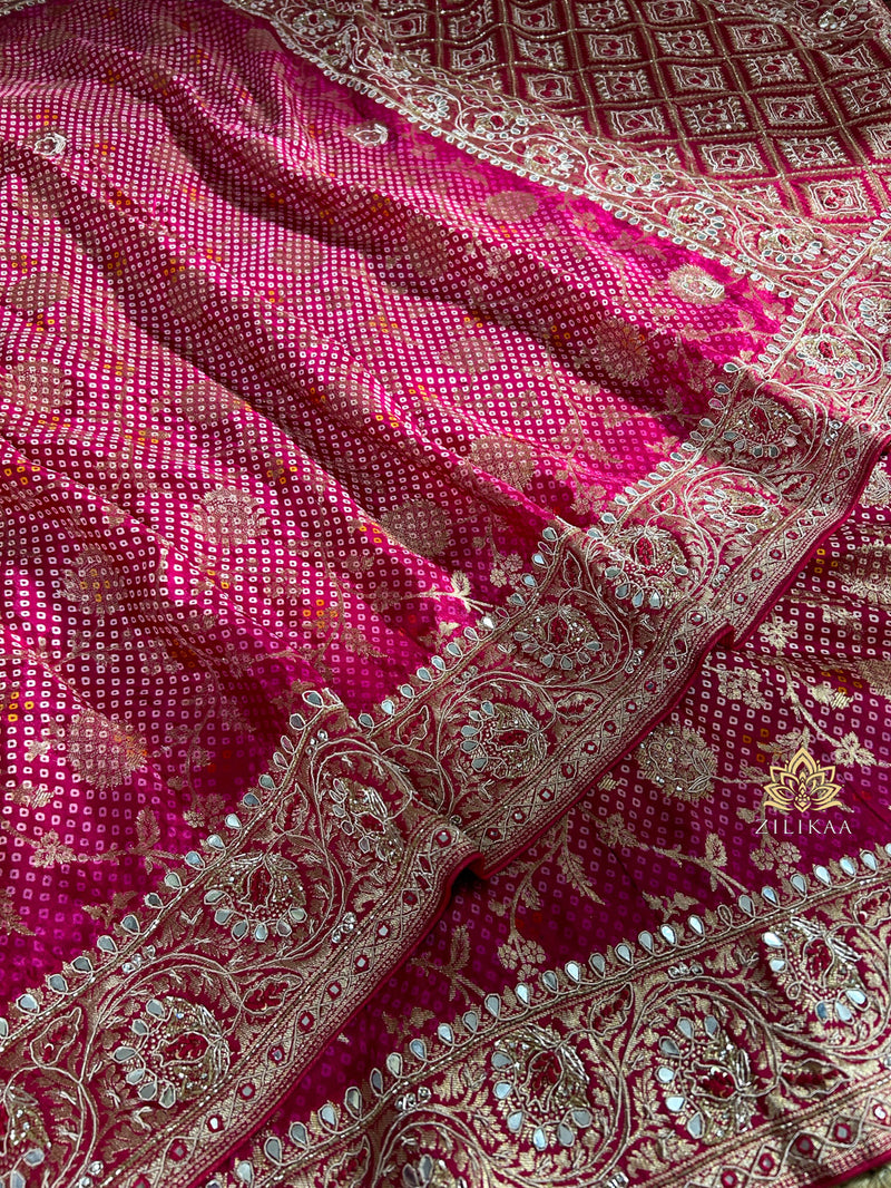 Magenta Pink Zardozi Handwork Bandhani print Designer Silk Saree