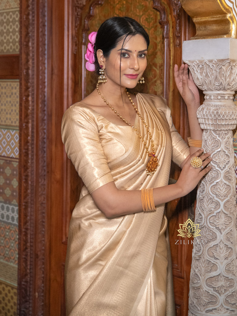 Ivory White Kanchipuram Silk saree – Zilikaa