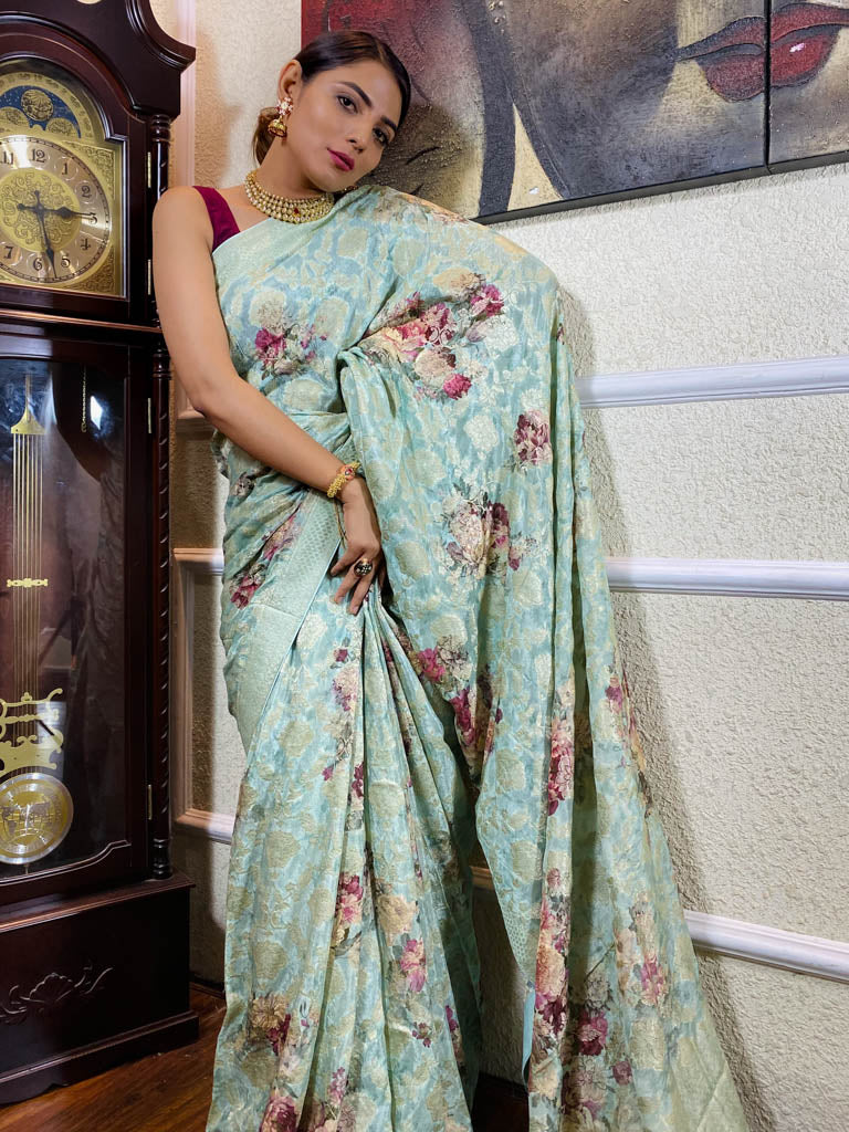 Sapphire Blue Designer Banarasi Silk Saree