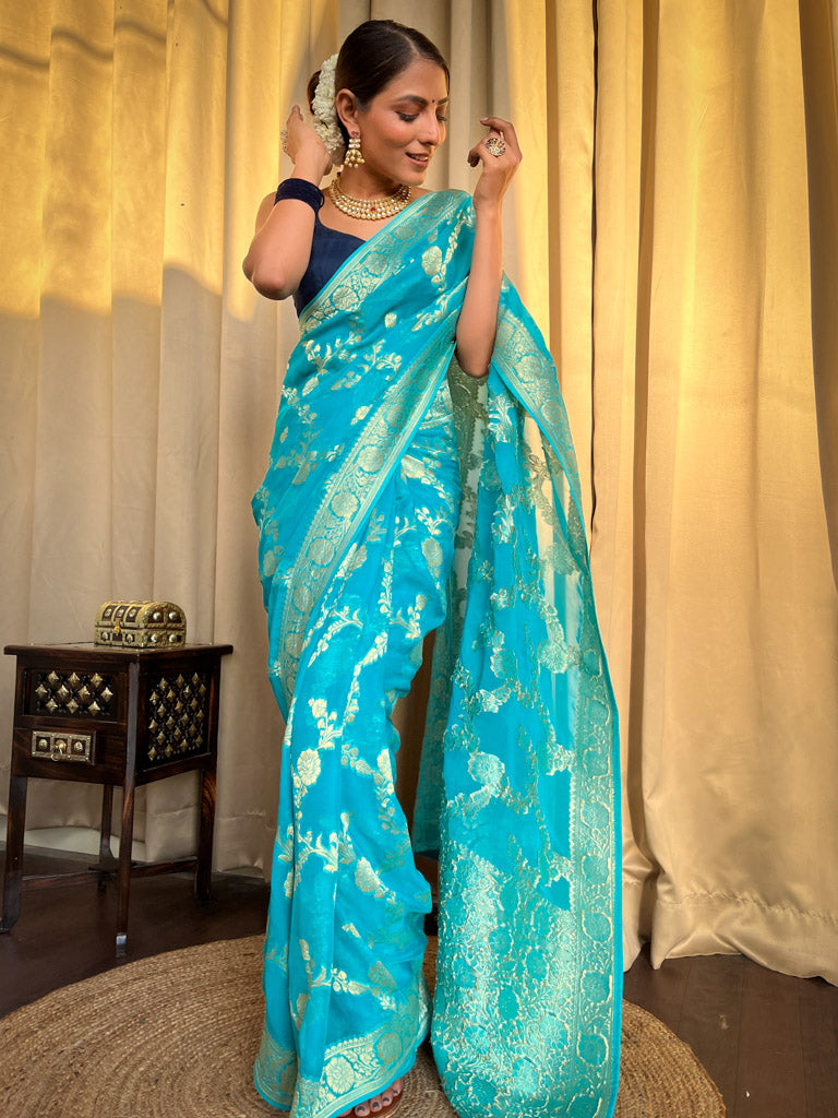 Firozi Blue Banarasi Khaddi Weaved Georgette Saree