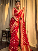 Scarlet Red Banarasi Khaddi Weaved Georgette Saree