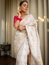 Pearl White Meenakari Banarasi Uppada Silk Saree