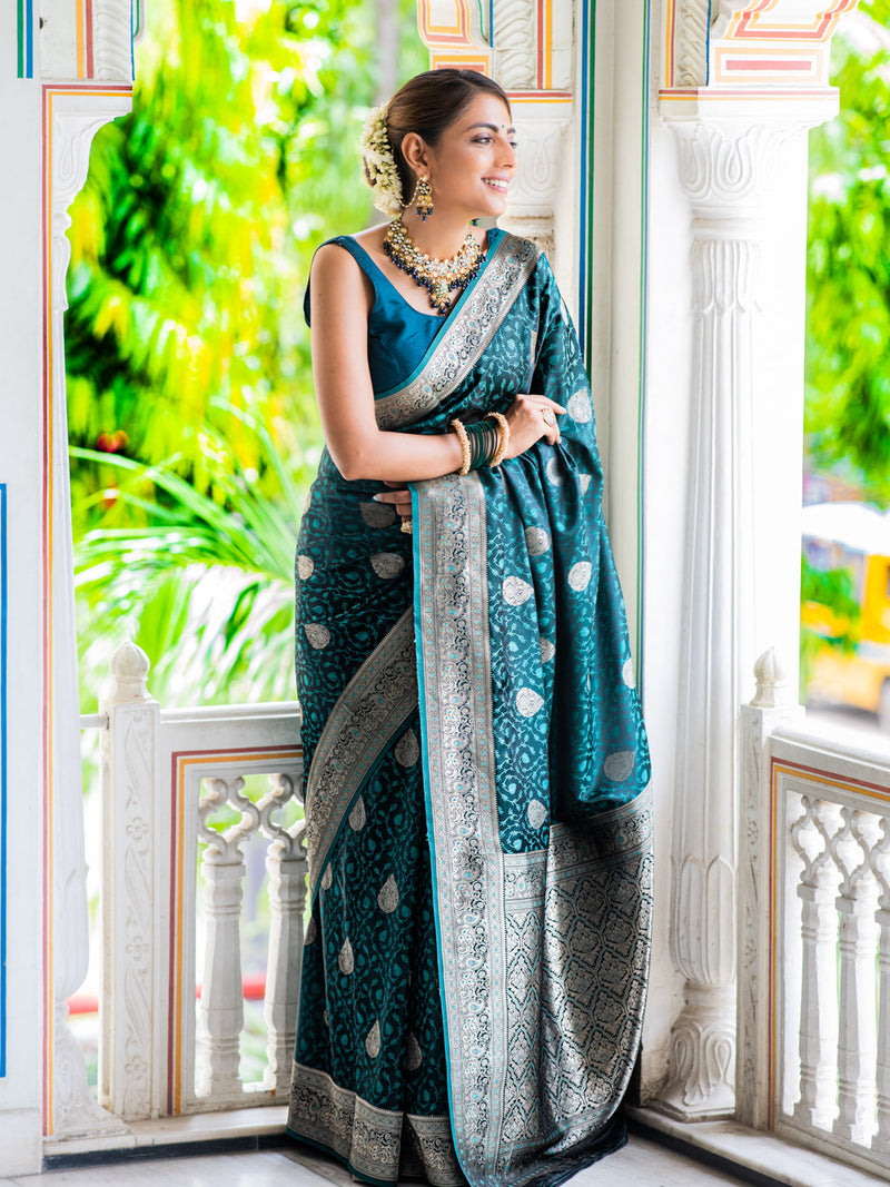 Teal blue self woven gajji silk saree