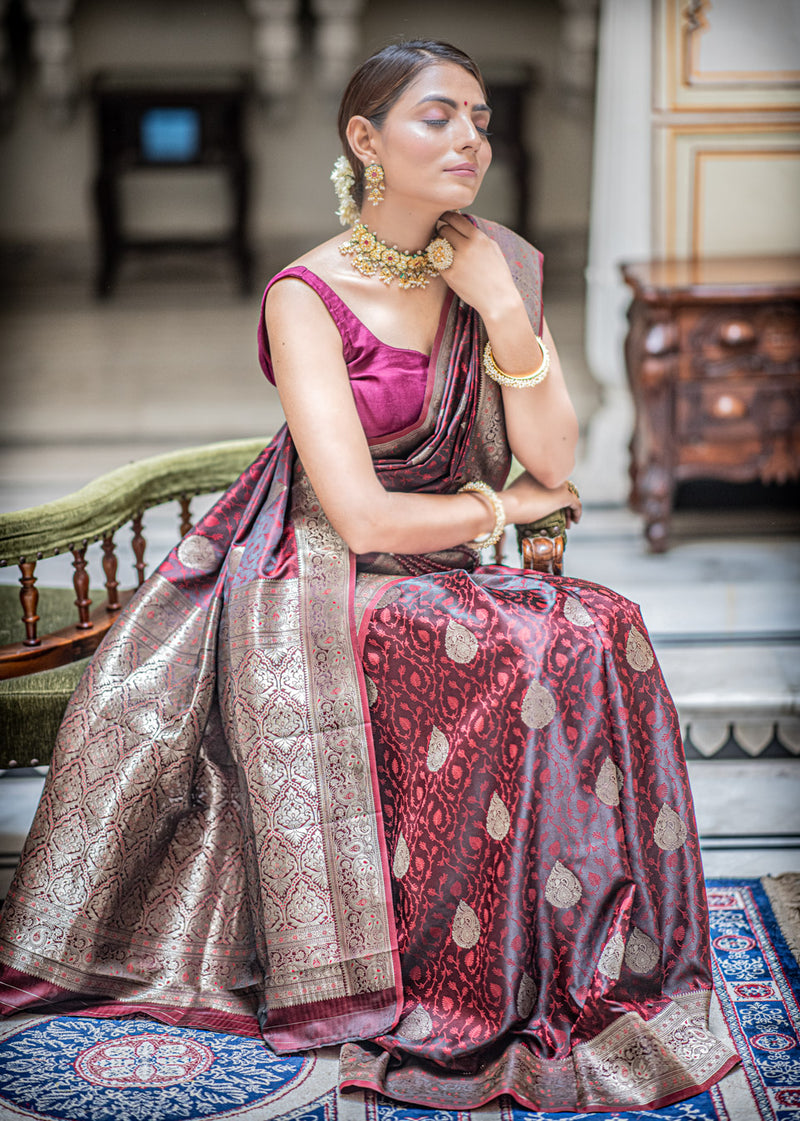 Mahogany maroon self woven gajji silk saree