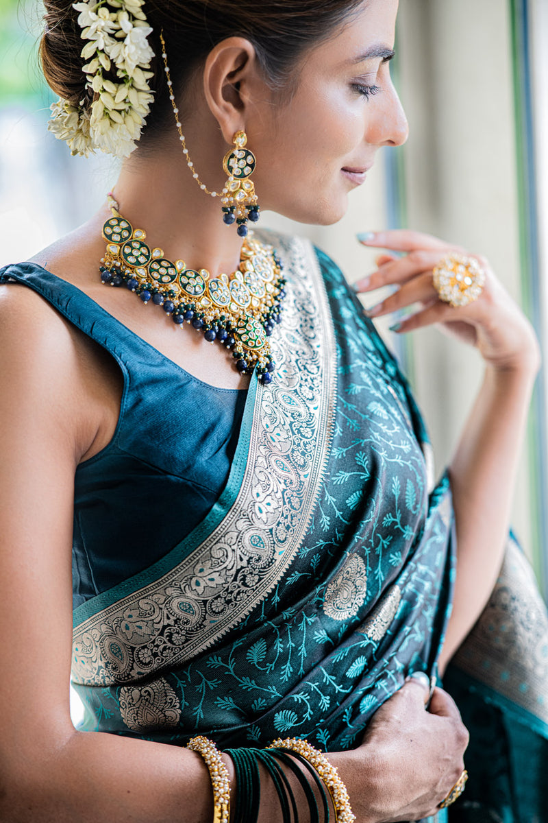 Teal blue self woven gajji silk saree