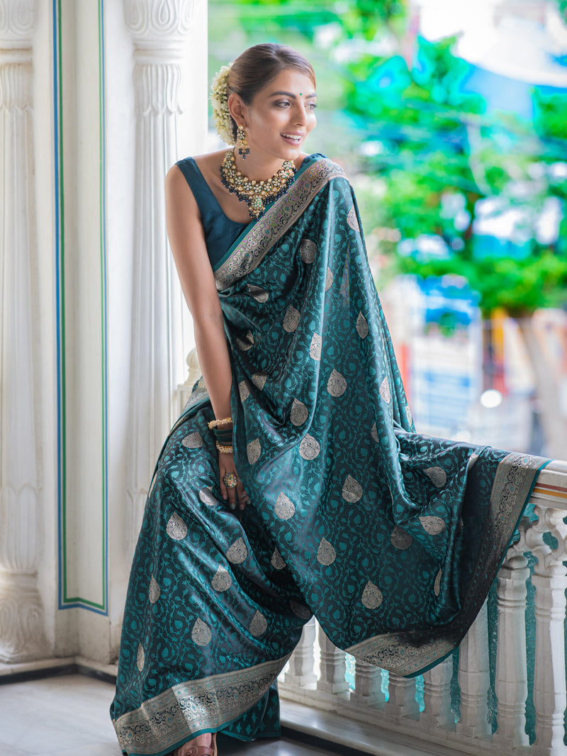Teal blue self woven gajji silk saree
