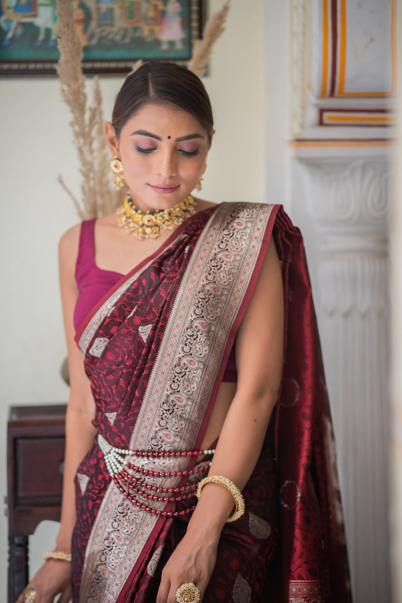 Mahogany maroon self woven gajji silk saree