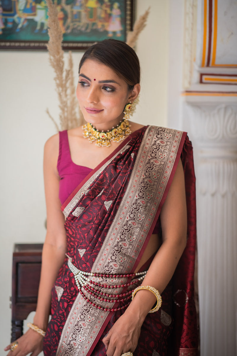 Mahogany maroon self woven gajji silk saree