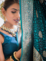 Teal blue self woven gajji silk saree