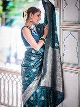 Teal blue self woven gajji silk saree