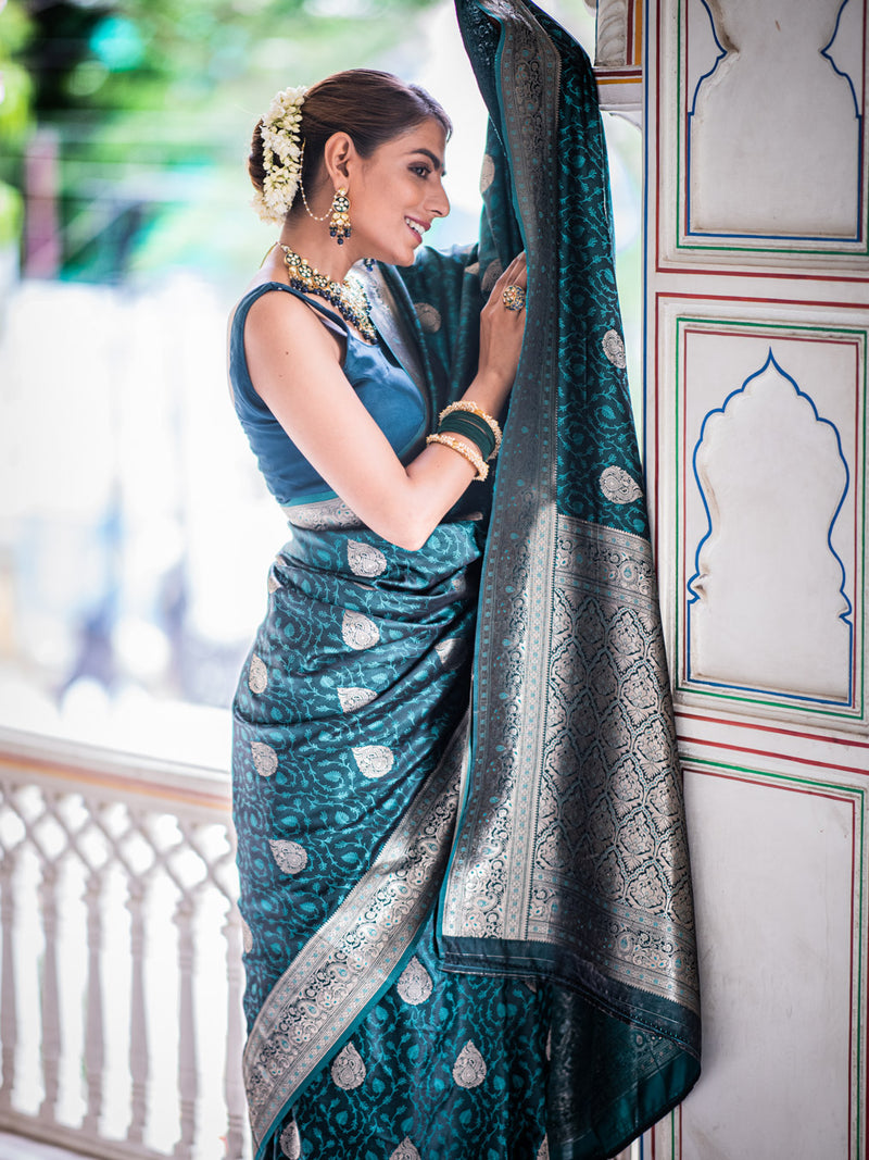 Teal blue self woven gajji silk saree