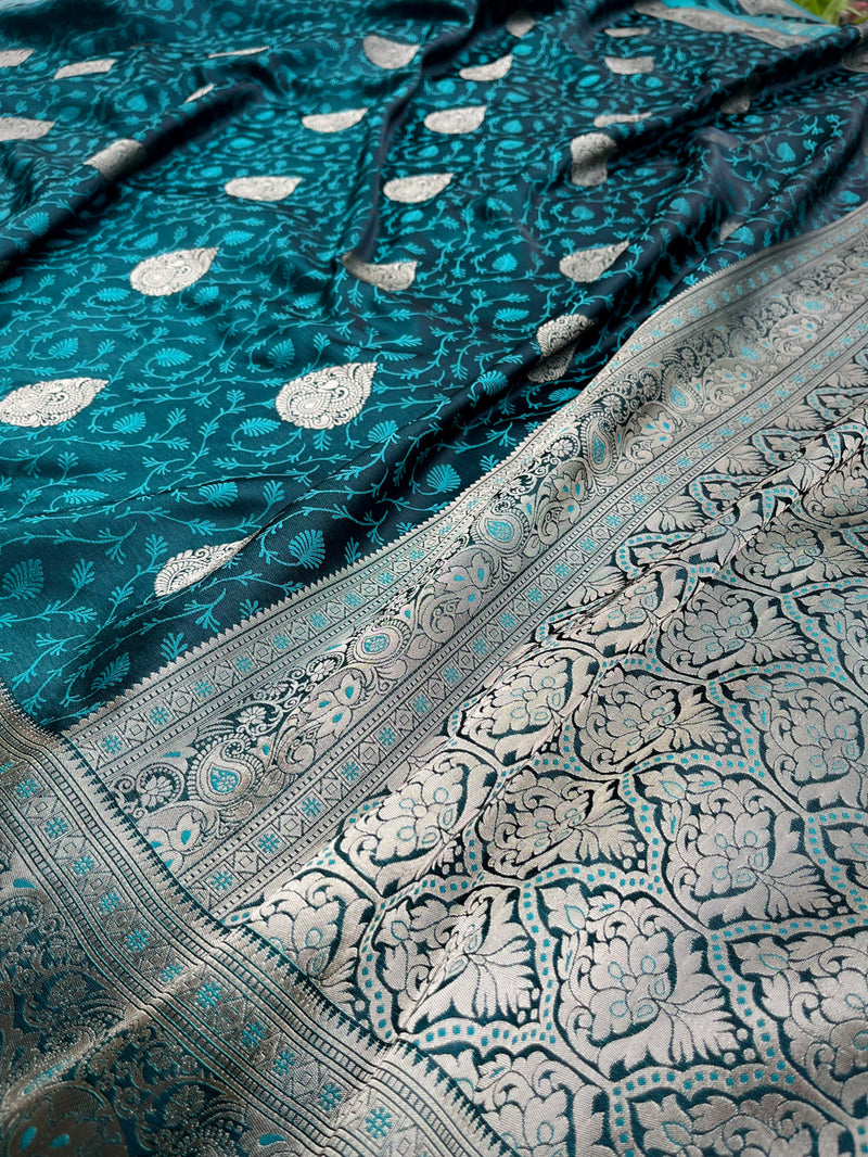 Teal blue self woven gajji silk saree