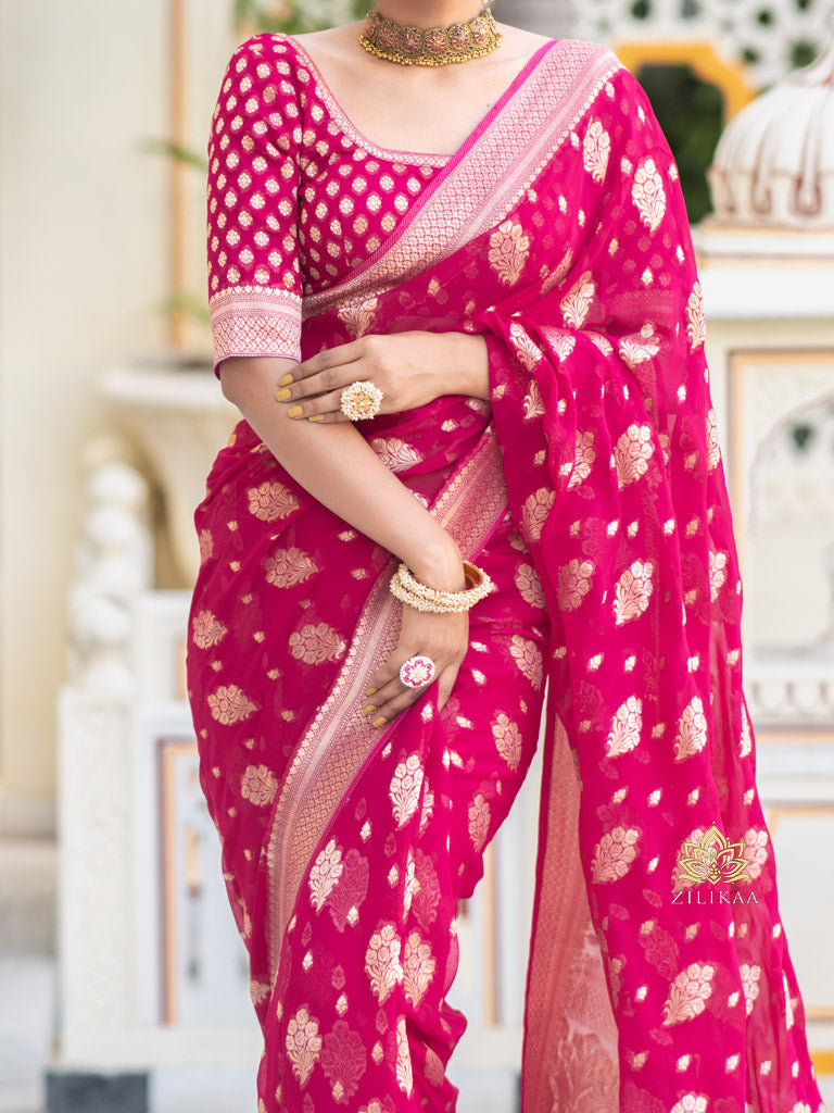 Queen Pink Banarasi Khaddi Weaved Georgette Saree