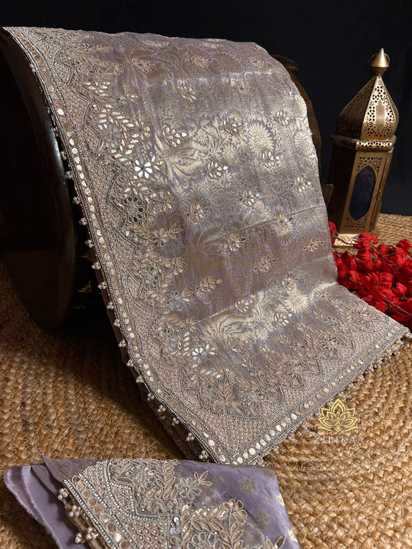 Lilac Purple Zardozi Handwork Munga Banarasi SIlk Saree