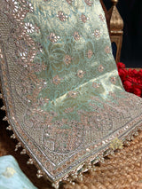 Ocean green Zardozi Handwork Munga Banarasi SIlk Saree