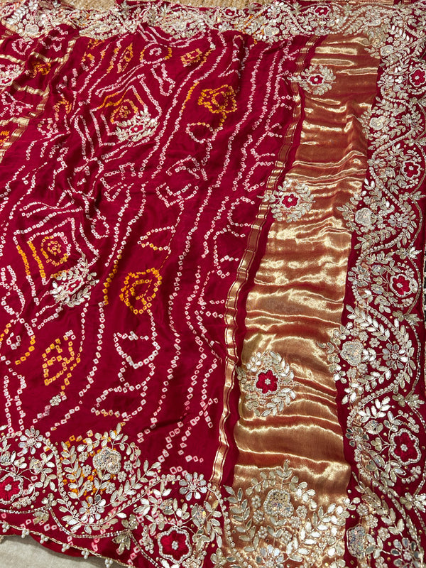 Calcutta Red Gotapatti Handwork Gajji Silk Ghatchola Bandhani Saree