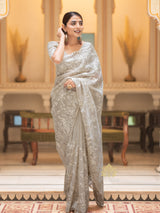Ivory white Gota Embroidery French Silk Saree