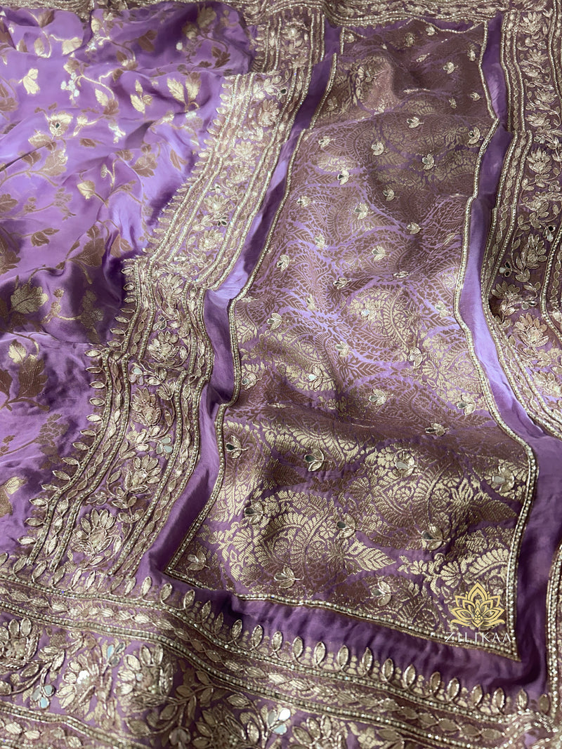 Lilac Purple Zardozi Handwork Mulberry Satin Silk Saree