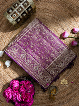 Plum Purple Zardozi Pearl Handwork Mulberry Banarasi Silk Saree