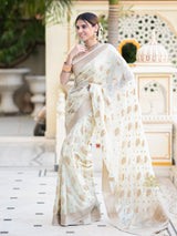 Ivory White Banarasi Khaddi Weaved Georgette Saree