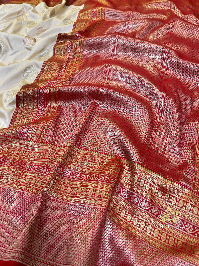 Ivory with Red Banarasi Katan Silk Saree