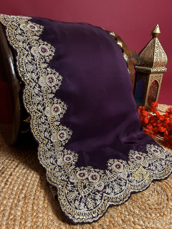 Plum Purple Munga Silk Saree With Zardozi Scalloped Border