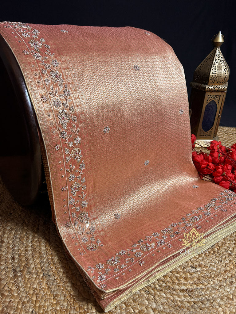 Orchid Peach Zardozi Handwork Zari Tissue Silk Saree