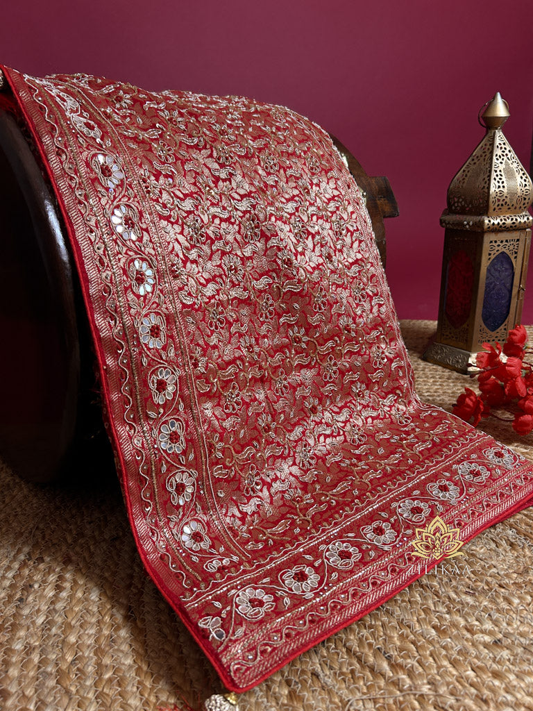 Red Special Zardozi Handwork Bandhani Print Designer Silk Saree