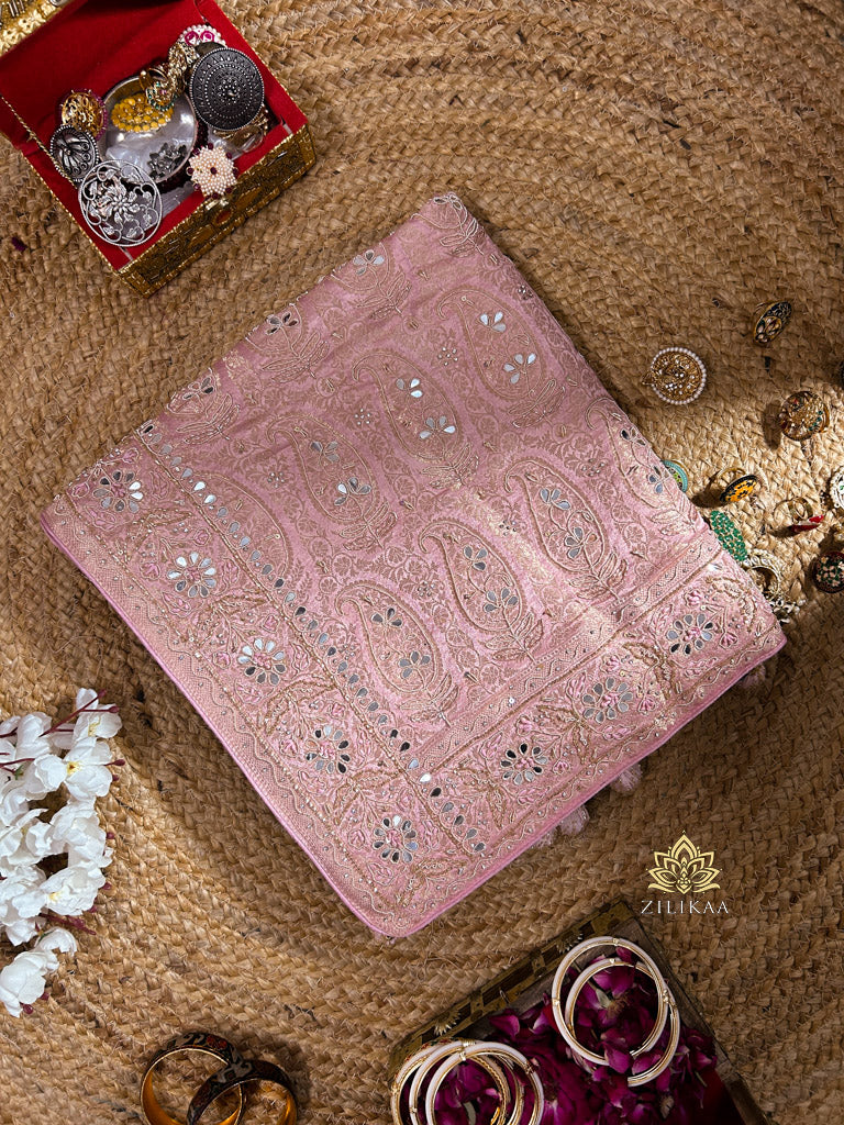 Pastel Pink Special Zardozi Gota Handwork Banarasi Silk Saree