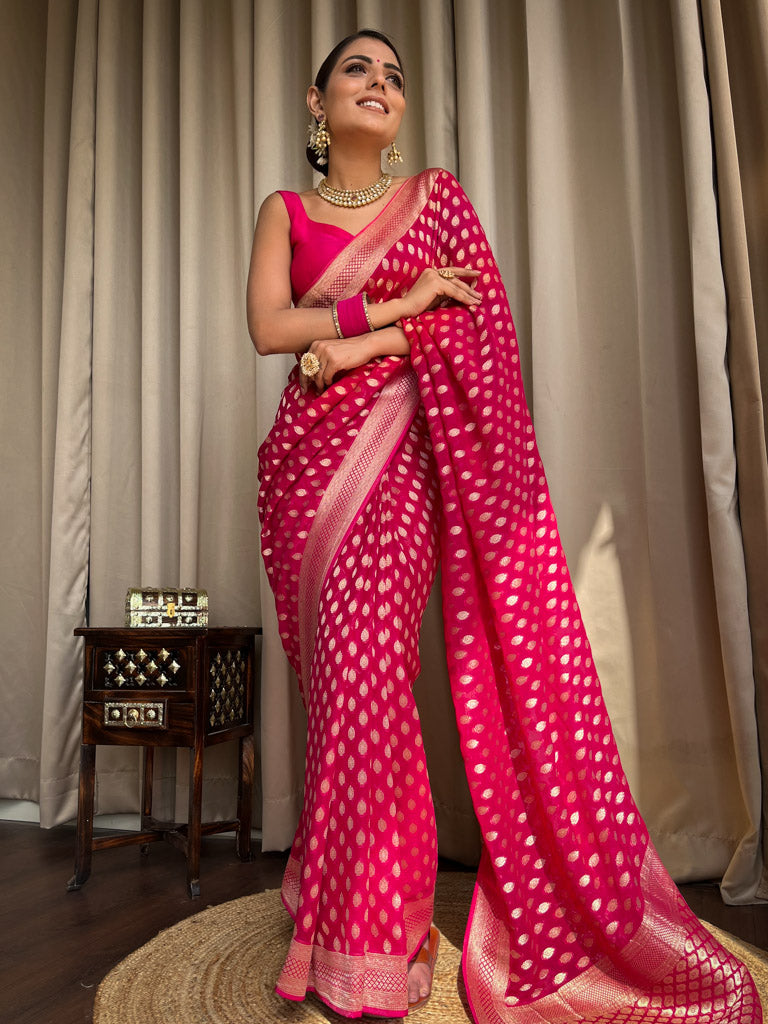 Queen Pink Banarasi Khaddi Weaved Georgette Saree