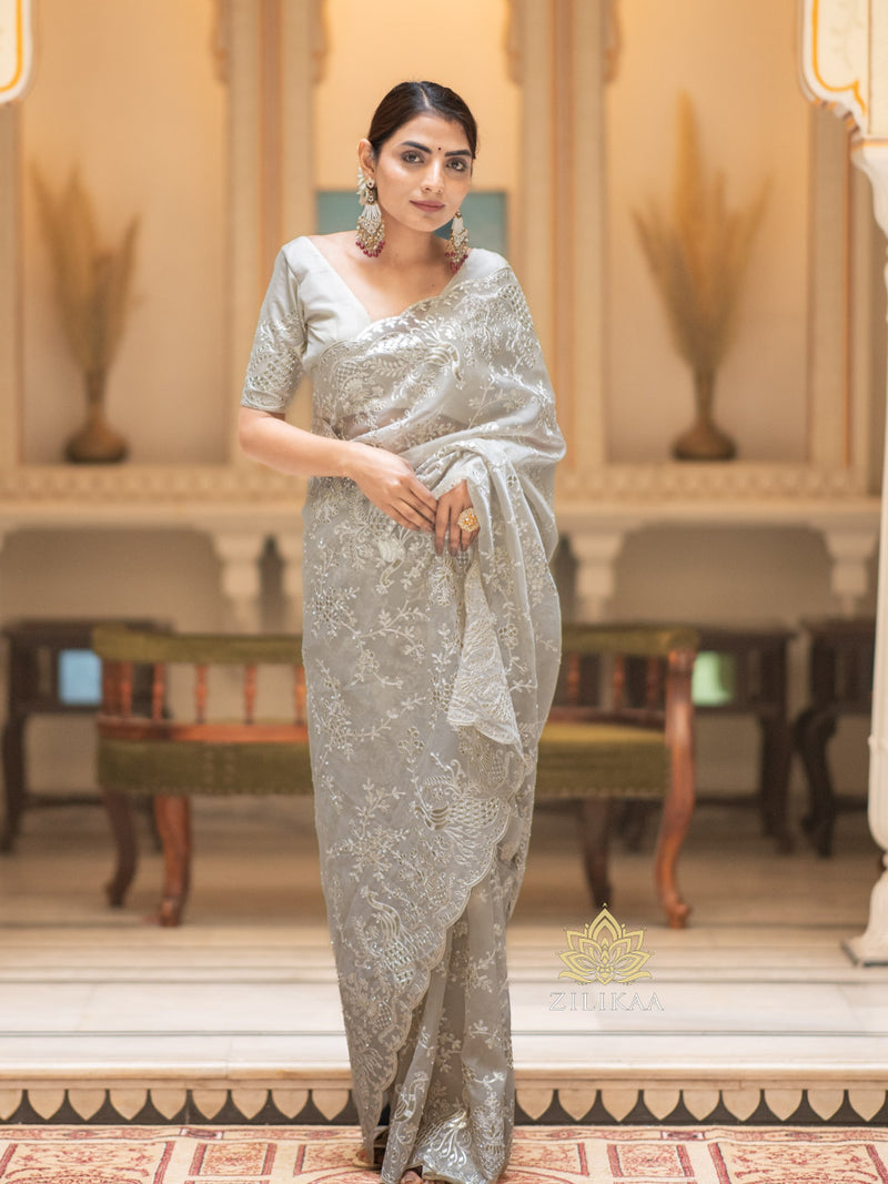 Ivory white Gota Embroidery French Silk Saree
