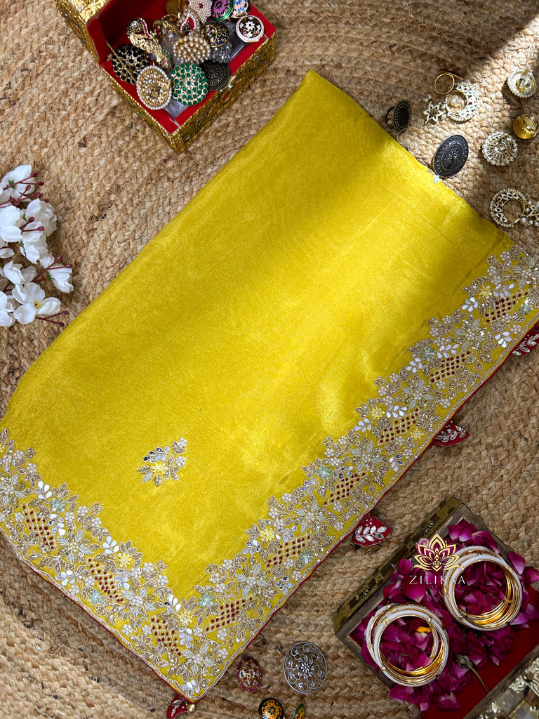 Mustard Golden Soft Tissue Silk Saree with Zardozi Handwork