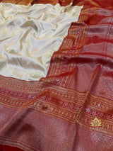 Ivory with Red Banarasi Katan Silk Saree