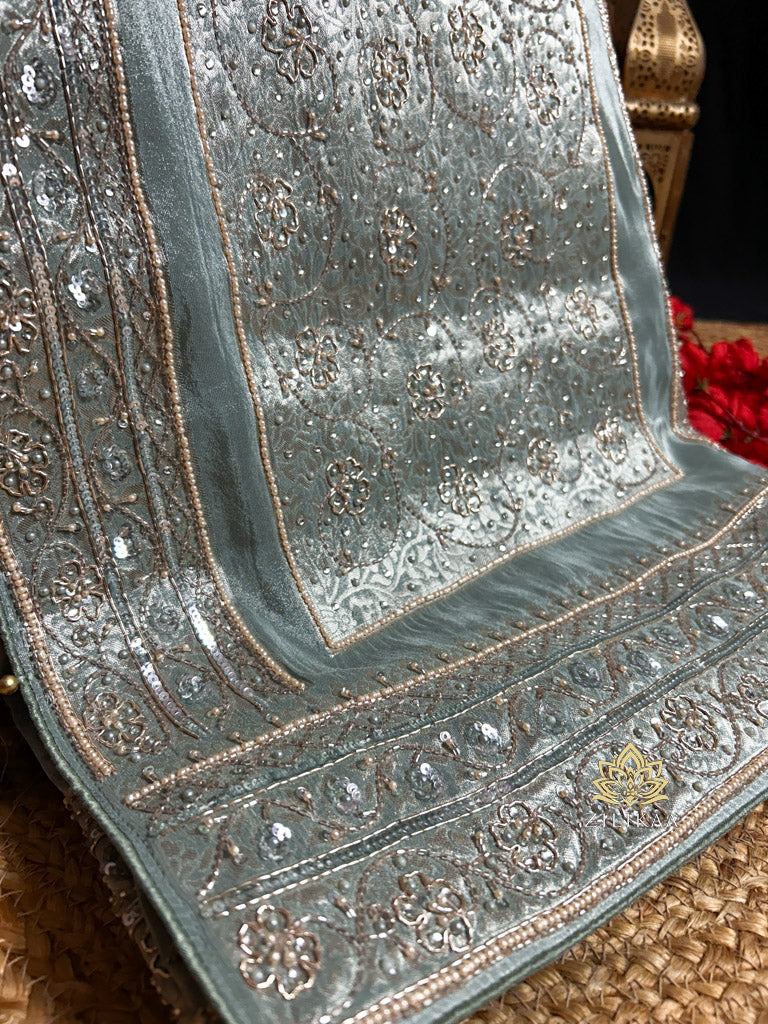 Ocean Green Zari Tissue Silk Saree with Beautiful Hand Embroidery