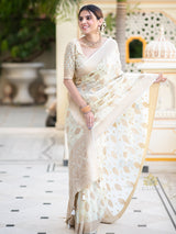 Ivory White Banarasi Khaddi Weaved Georgette Saree