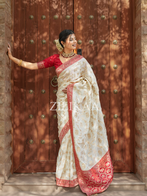 Ivory Red Munga Silk Saree