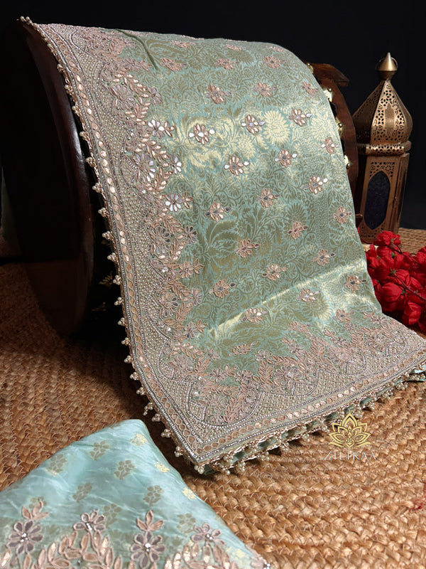 Ocean green Zardozi Handwork Munga Banarasi SIlk Saree